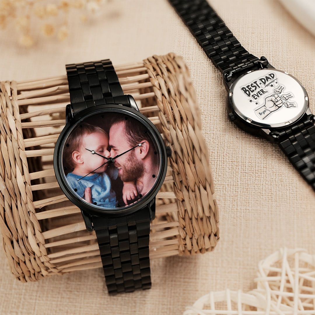 Custom Photo Watch Men's Black Alloy Bracelet Holding Hands Engraved Name Watch Father's Day Gift For Dad