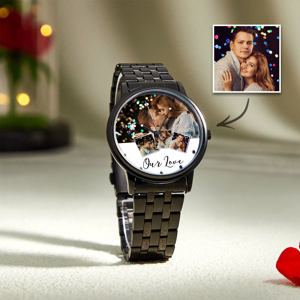 Personalized Engraved Photo Watch Men's Black Alloy Bracelet Photo Watch Valentine's Day Gifts To Boyfriend