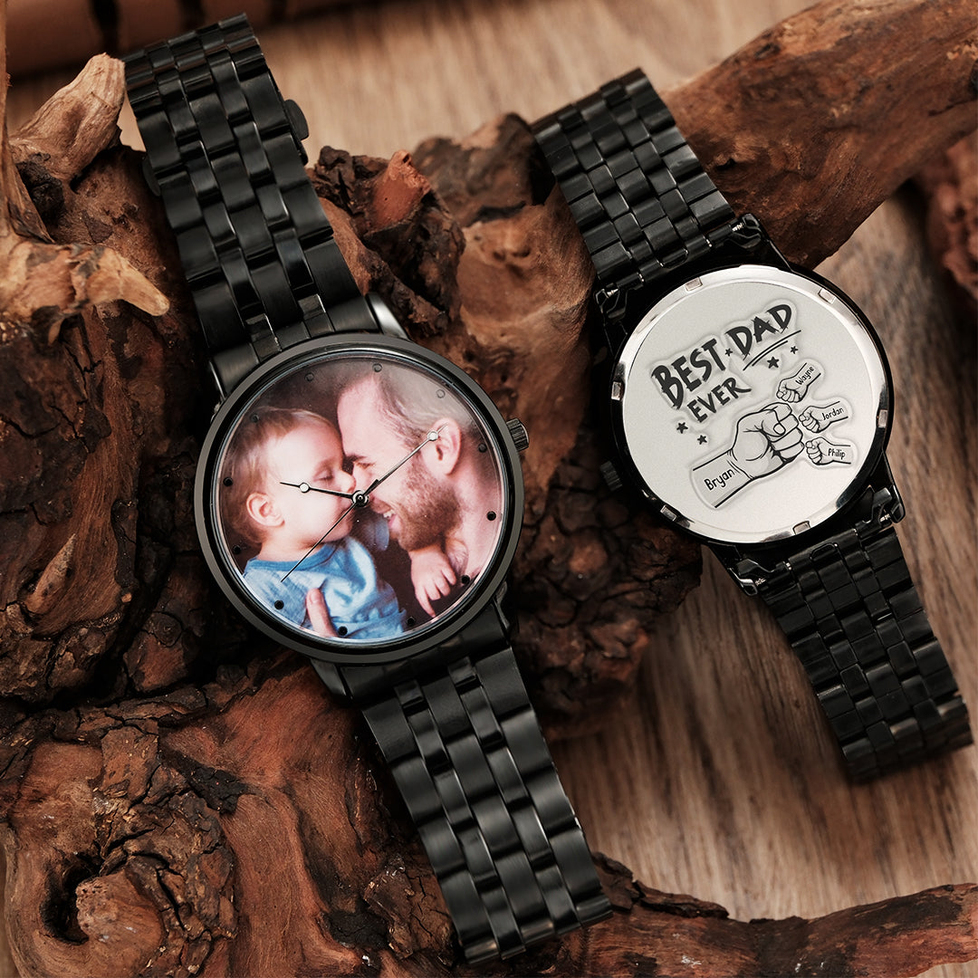 Custom Photo Watch Men's Black Alloy Bracelet Holding Hands Engraved Name Watch Father's Day Gift For Dad