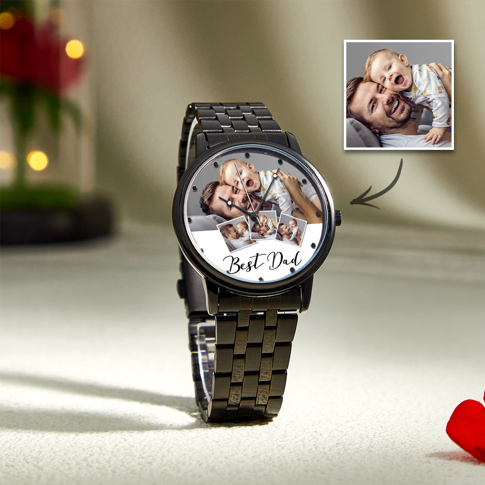 Personalized Engraved Photo Watch Men's Black Alloy Bracelet Photo Watch Father's Day Gifts For Dad