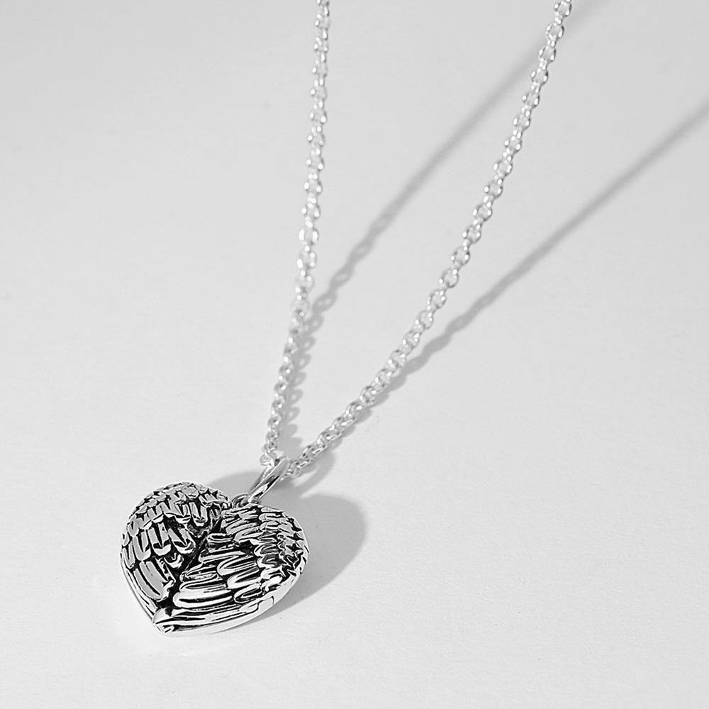 Engravable Photo Locket Necklace Personalized Heart Angel Wings Sterling Silver Gift For Mom
