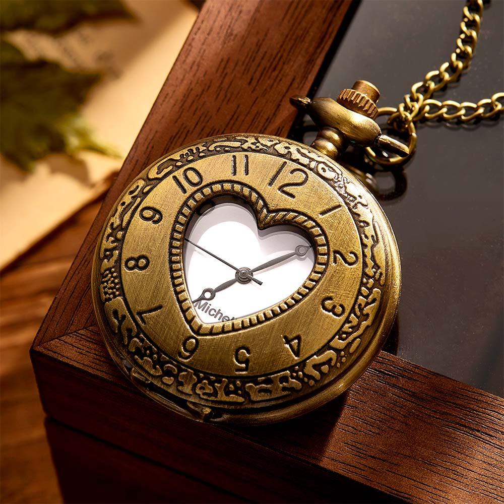 Engravable Pocket Watch Vintage Hollow Heart Pendant Chain Watch Gift For Men