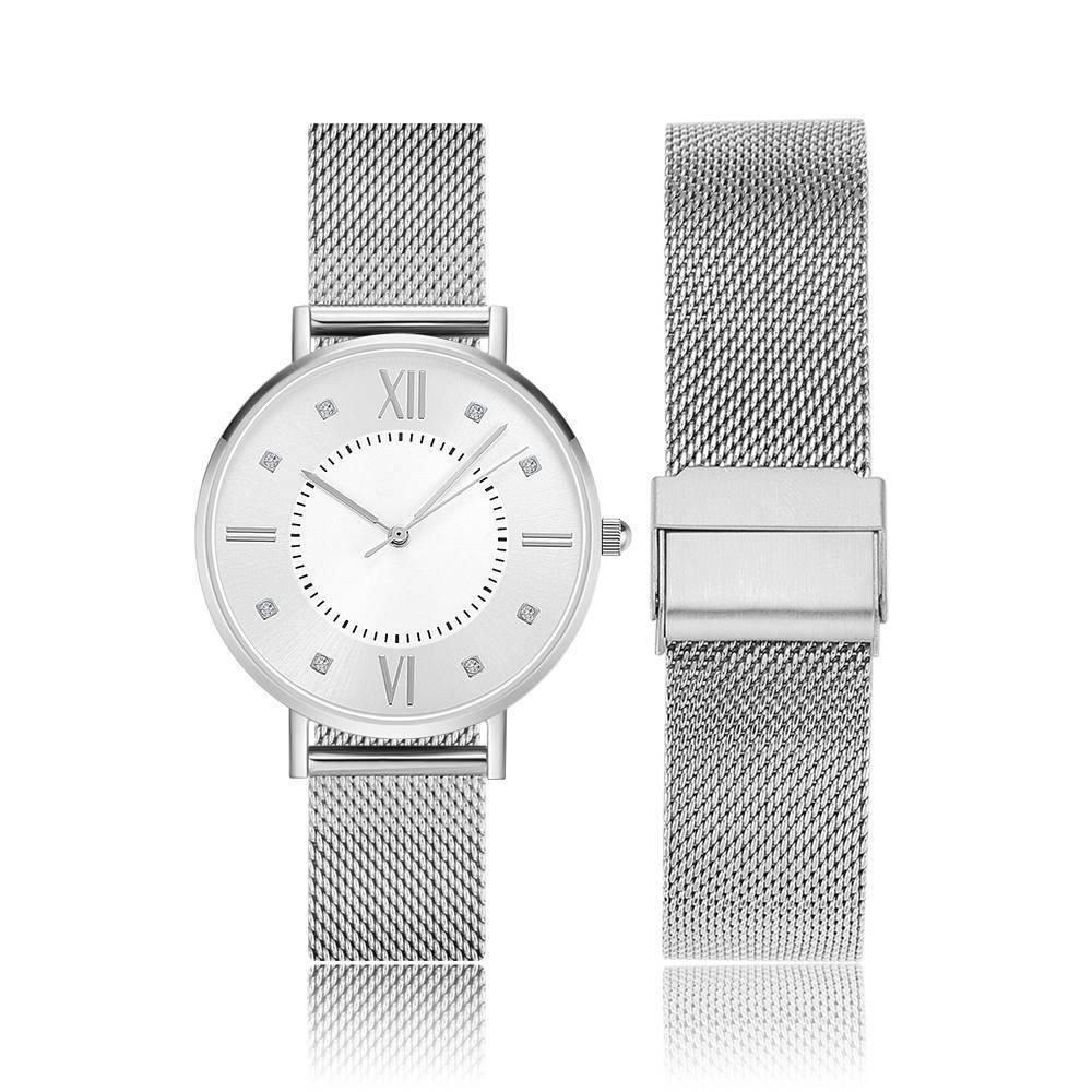Mesh Bracelet Watch in Stainless Steel Silver and White - Women's