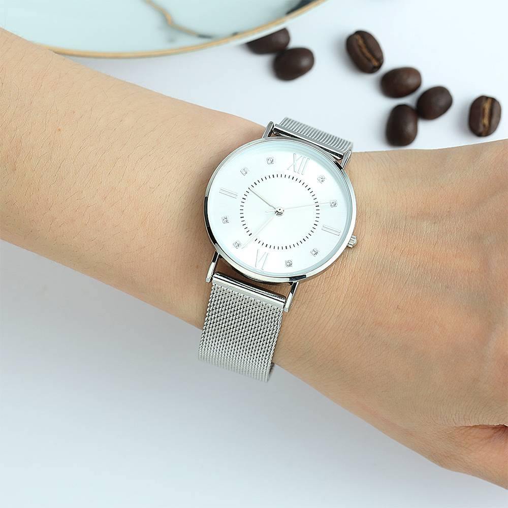 Mesh Bracelet Watch in Stainless Steel Silver and White - Women's