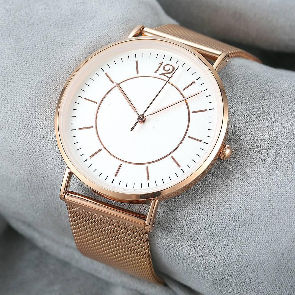 Mesh Bracelet Watch in Stainless Steel Rose Gold Strap and White Dial - Women's