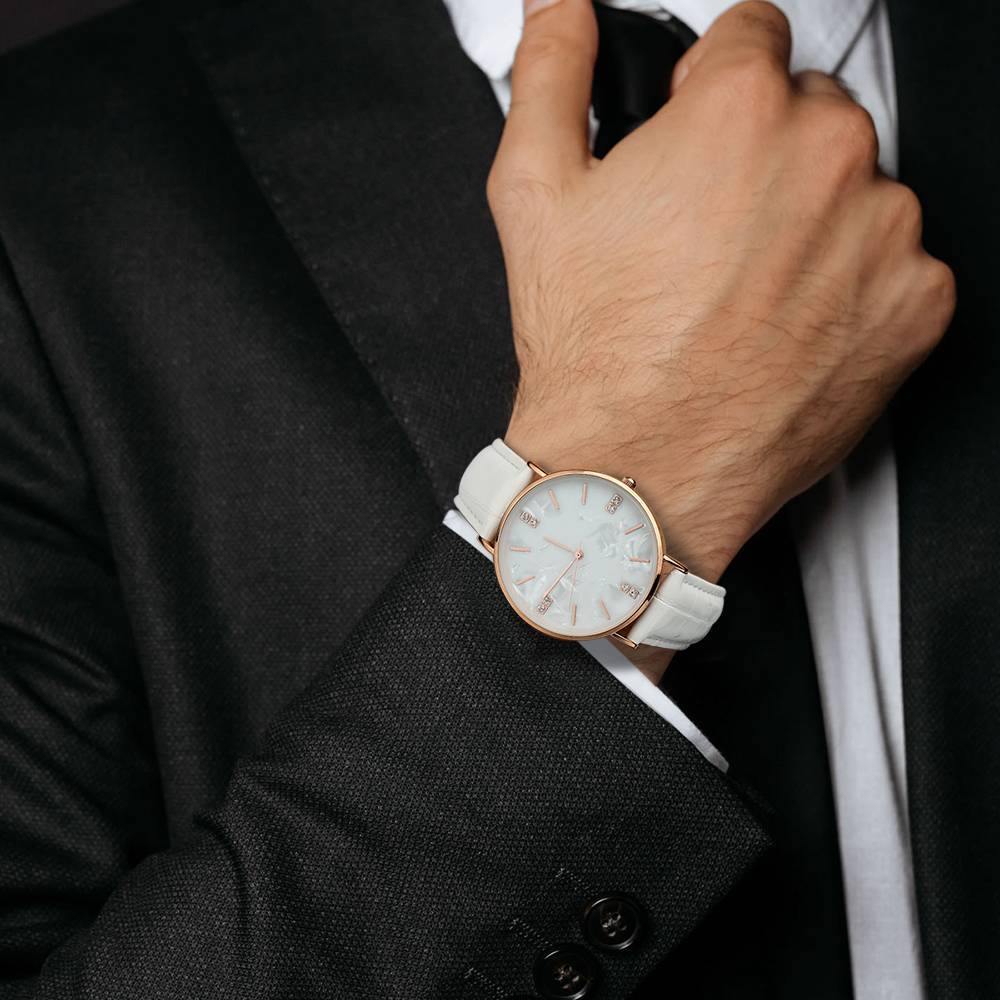 Fashion Marble Dial Watch White Leather Strap - Men's
