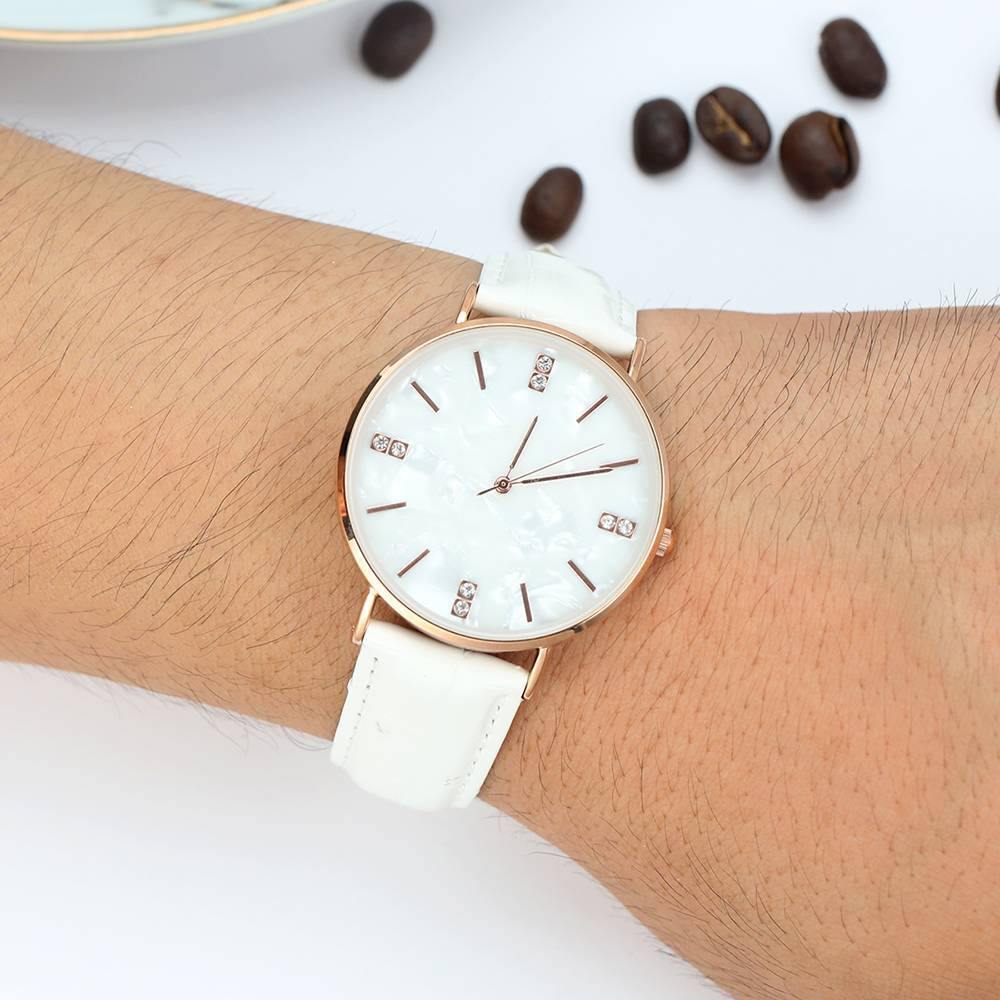 Fashion Marble Dial Watch White Leather Strap - Men's