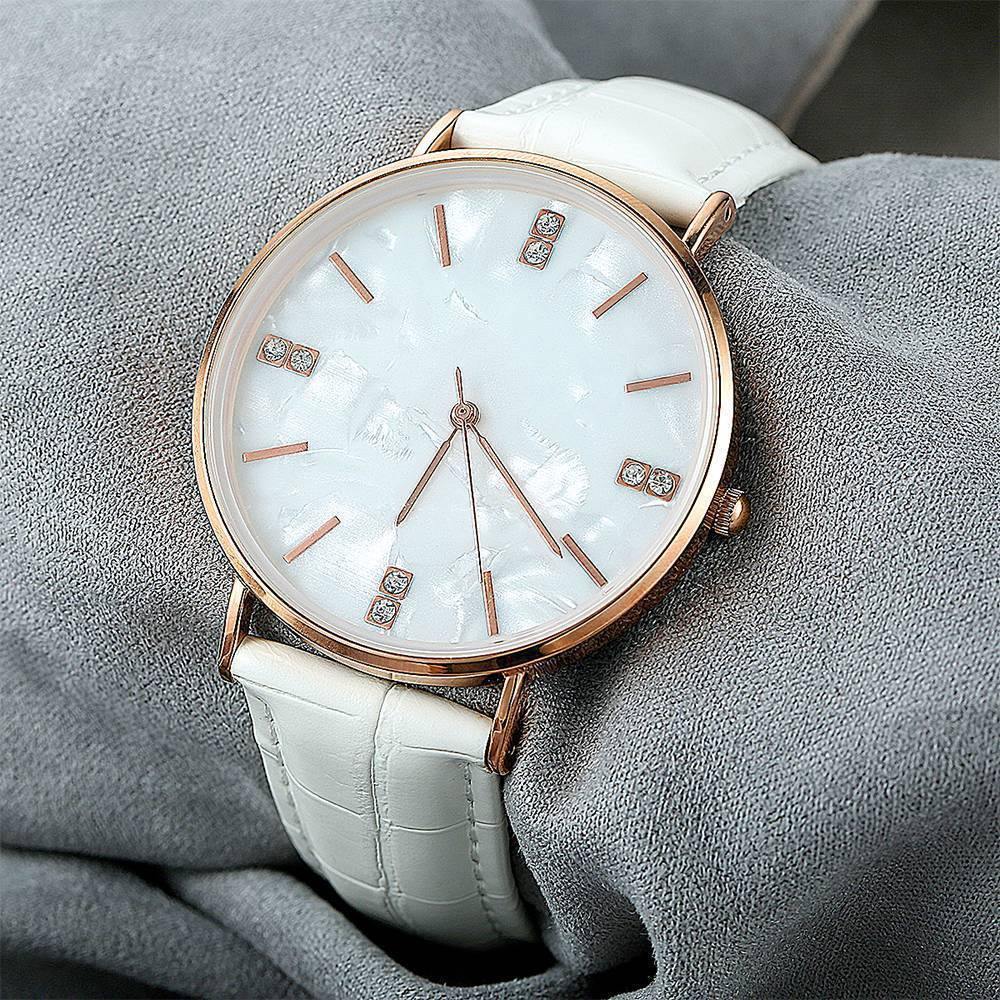 Fashion Marble Dial Watch White Leather Strap - Men's