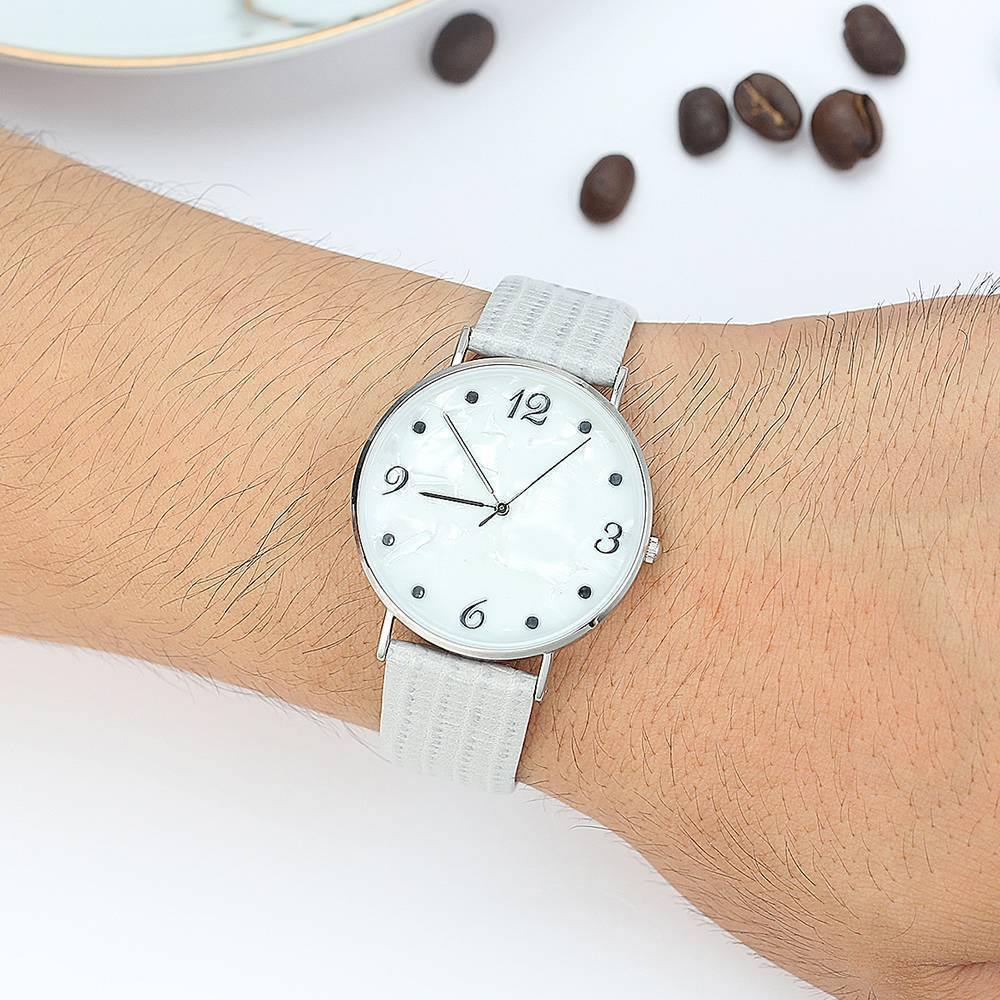 Casual Marble Dial Watch Grey Leather Strap - Men's