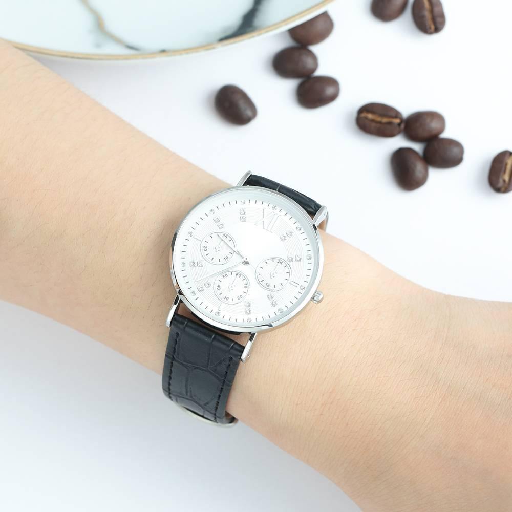 Automatic Watch White Dial Black Leather Strap - Women's