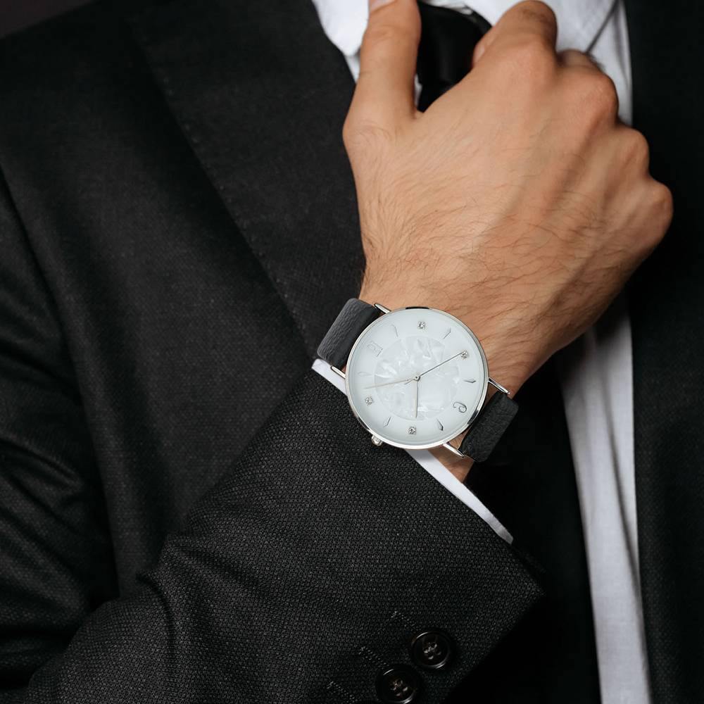 Marble Dial Watch Black Leather Strap - Men's