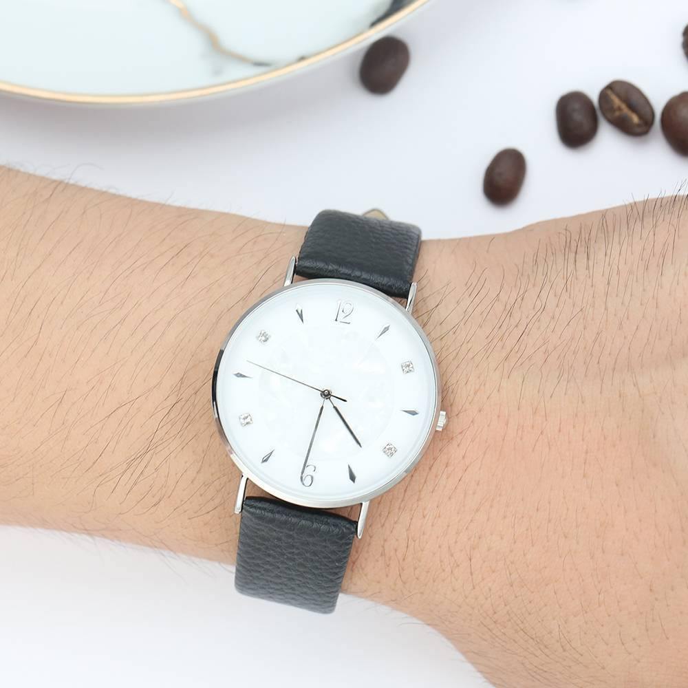 Marble Dial Watch Black Leather Strap - Men's