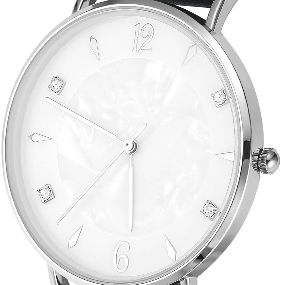 Marble Dial Watch Black Leather Strap - Women's