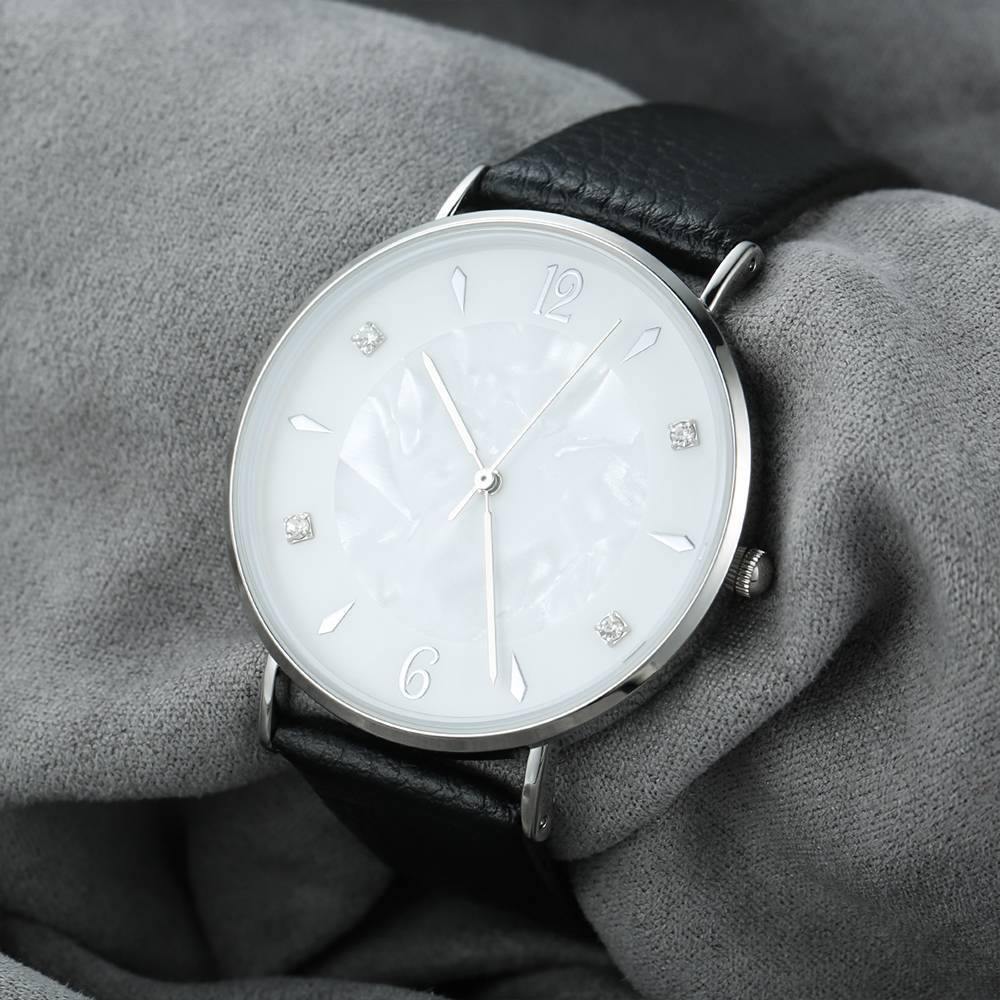 Marble Dial Watch Black Leather Strap - Women's