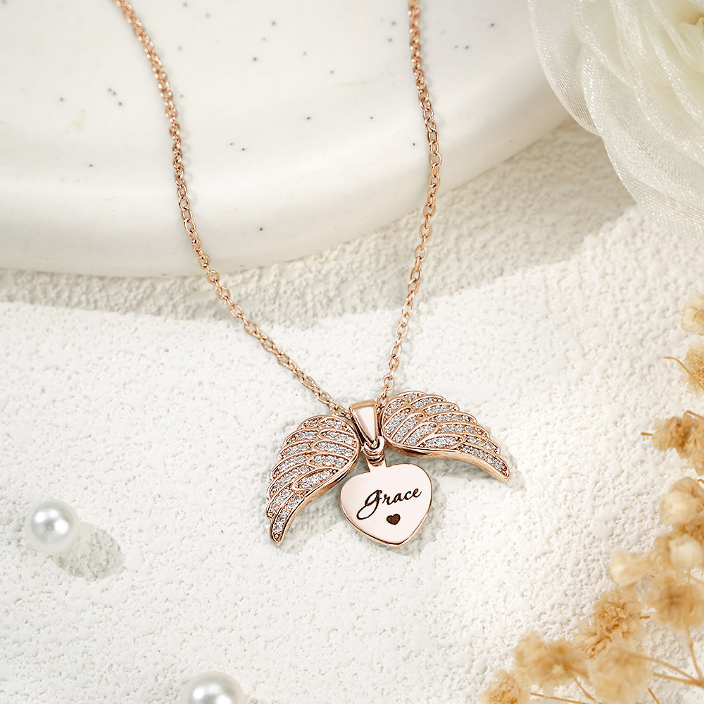 Personalized Angel Wing Necklace Custom Engraved Jewelry for Women Gift For Her
