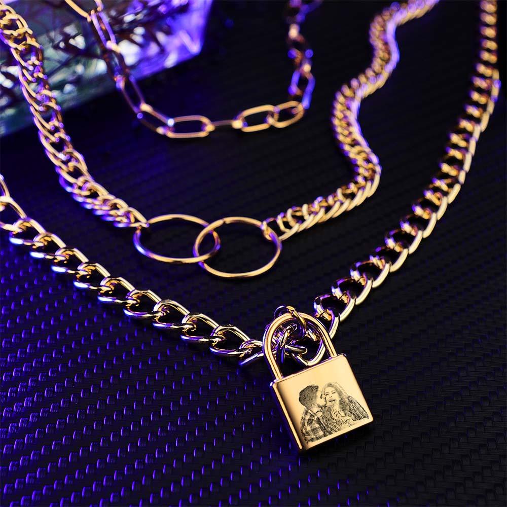Triple Chain Set Personalized Photo Necklace with Lock