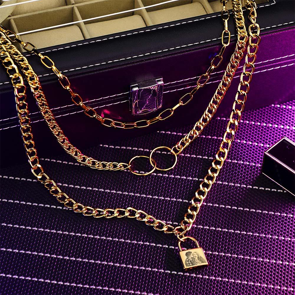 Triple Chain Set Personalized Photo Necklace with Lock