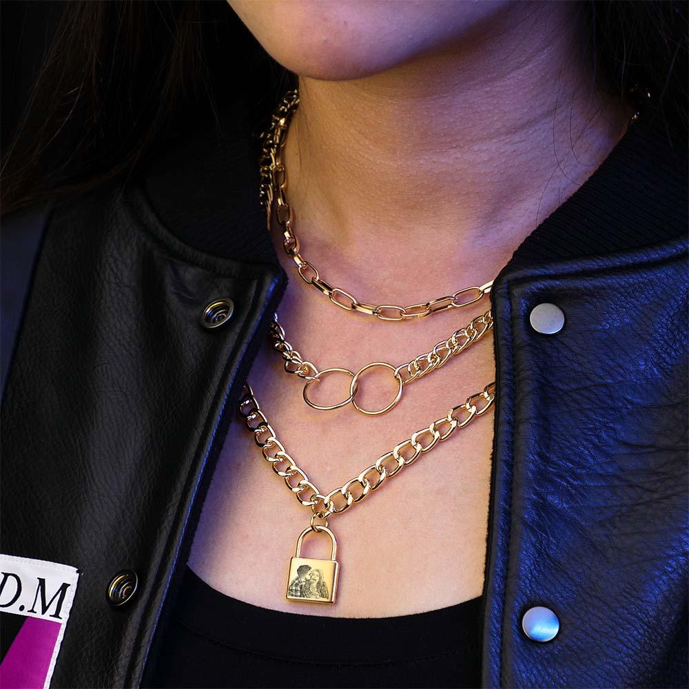 Triple Chain Set Personalized Photo Necklace with Lock