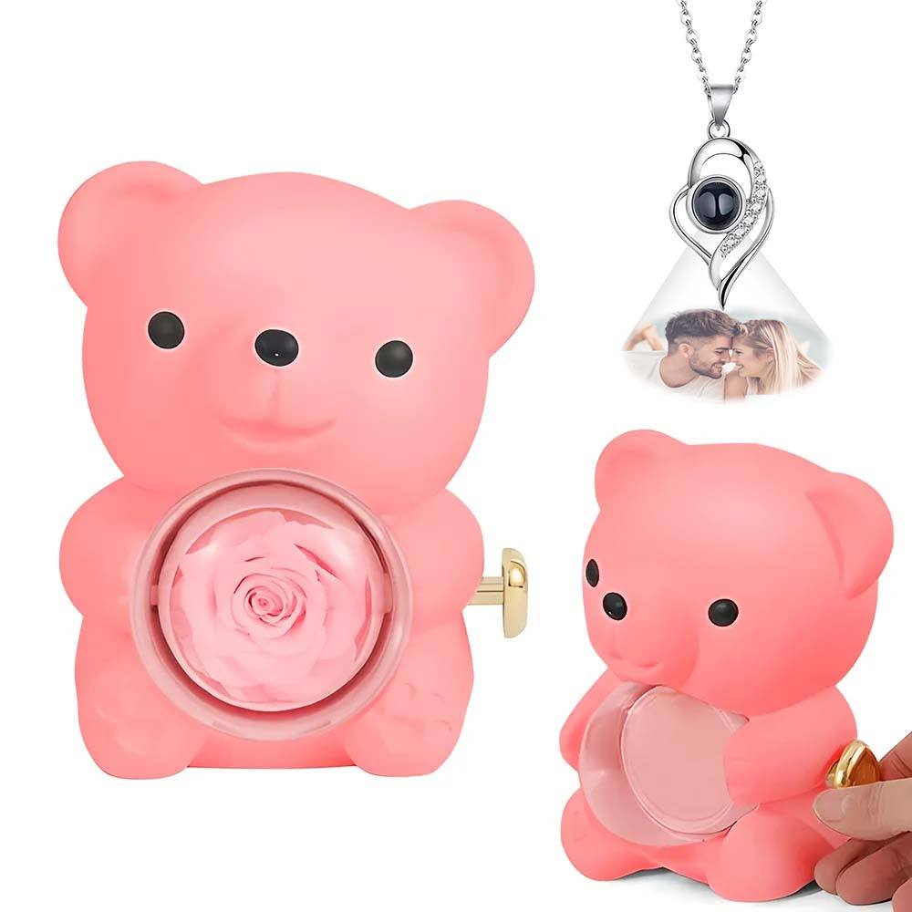 Custom Photo Projection Necklace with Real Rose Bear Gift box Rose Shaped Necklace Gift Box Jewellery Gift Box