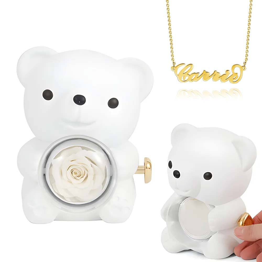 Custom Name Necklace with Real Rose Bear Gift box Rose Shaped Necklace Gift Box Jewellery Gift Box