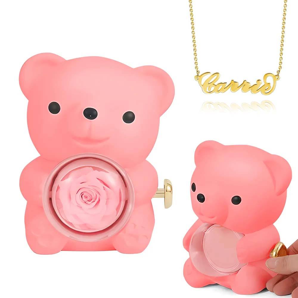 Custom Name Necklace with Real Rose Bear Gift box Rose Shaped Necklace Gift Box Jewellery Gift Box
