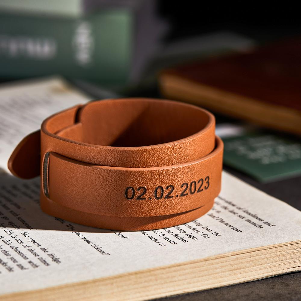Custom Engraved Leather Bracelet Personalized Vintage Wrap Adjustable Bracelet Gift For Him