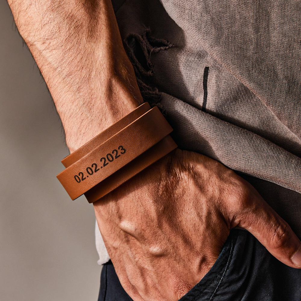 Custom Engraved Leather Bracelet Personalized Vintage Wrap Adjustable Bracelet Gift For Him