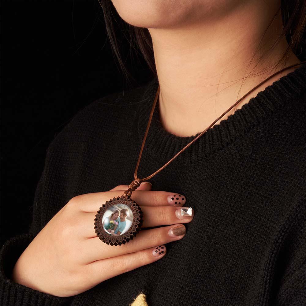 Custom Photo Necklace Valentine's Gifts for Her Wood Pendant Engraved Name Personalized Round Pendant