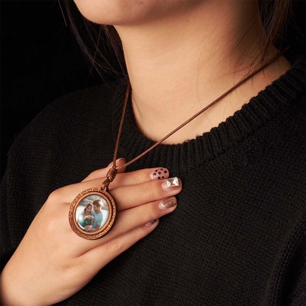 Custom Photo Necklace Valentine's Gifts for Her Wood Pendant Engraved Name Personalized Round Pendant