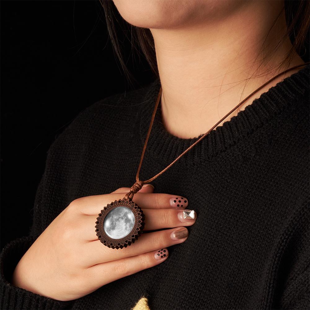 Custom Moon Phase Wood Pendant Necklace Personalized Engraved Name Valentine's Gifts for Her