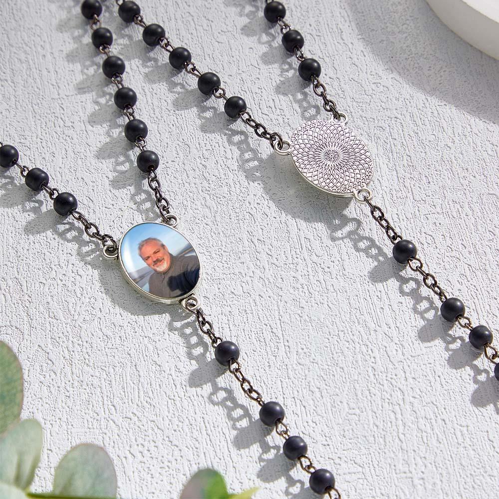 Custom Rosary Beads Cross Necklace Personalized Black Frosted Agate Necklace with Photo