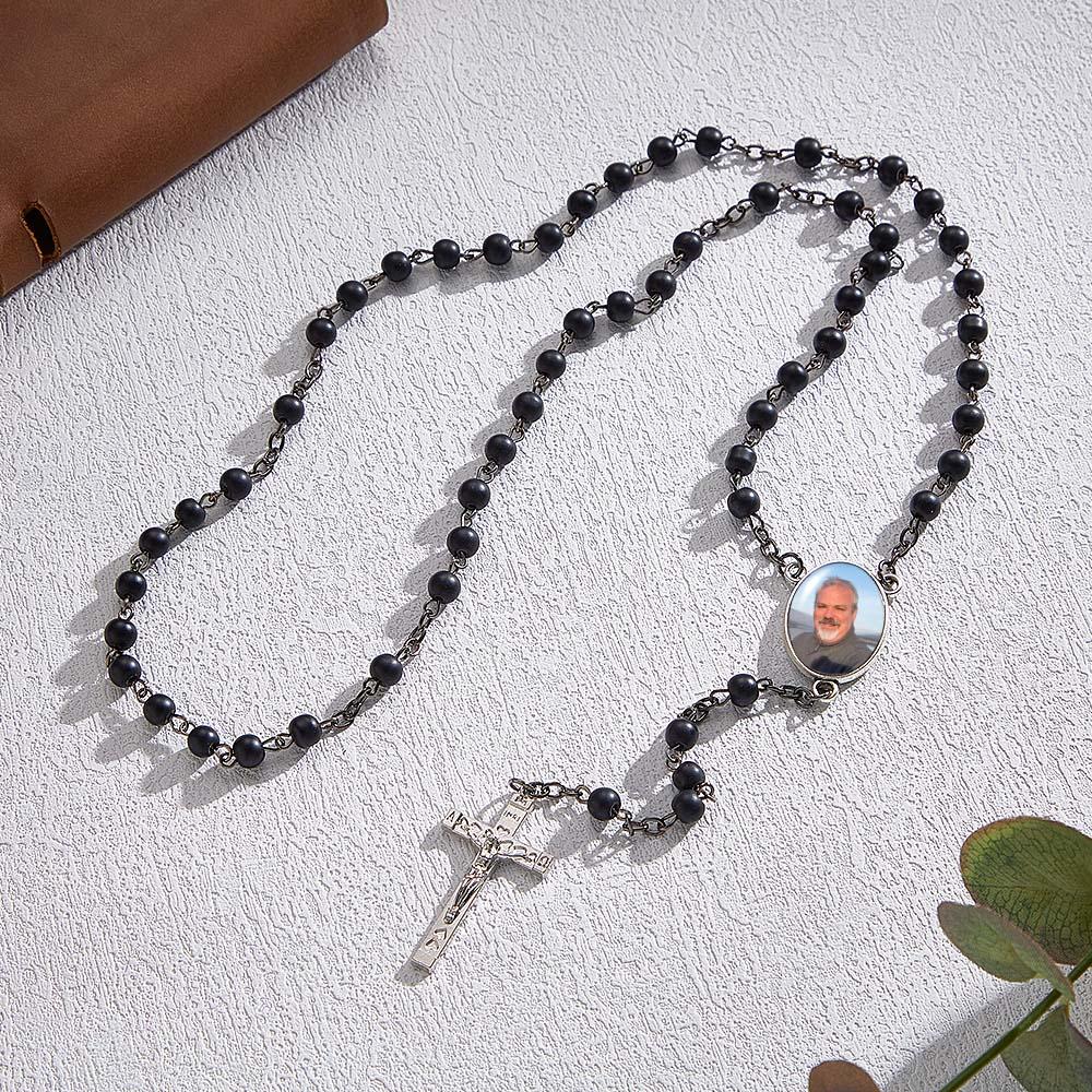 Custom Rosary Beads Cross Necklace Personalized Black Frosted Agate Necklace with Photo
