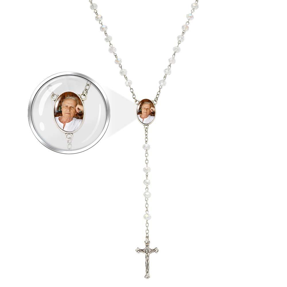 Custom Rosary Beads Cross Necklace Personalized White Color Plated Crystal Beads Necklace with Photo