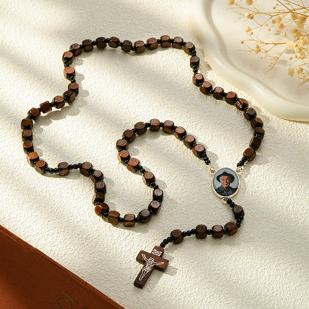 Custom Rosary Beads Cross Necklace Personalized Square Wooden Beads Necklace with Photo