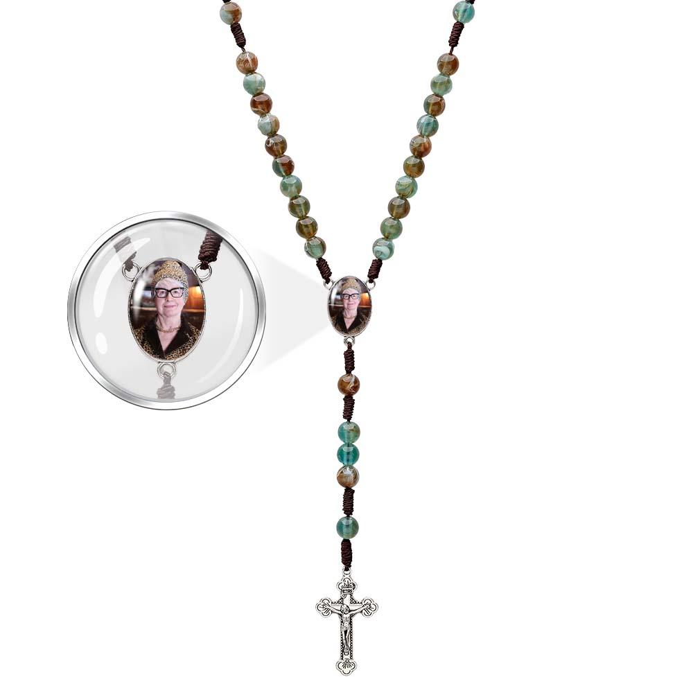 Custom Rosary Beads Cross Necklace Personalized Imitation Agate Round Beads Necklace with Photo