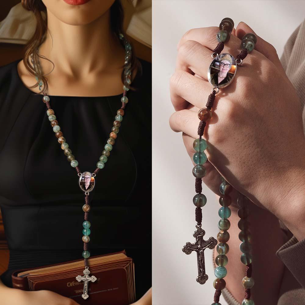 Custom Rosary Beads Cross Necklace Personalized Imitation Agate Round Beads Necklace with Photo