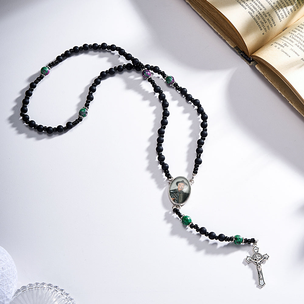 Custom Rosary Beads Cross Necklace Personalized Pattern Black Imitation Agate Necklace with Photo
