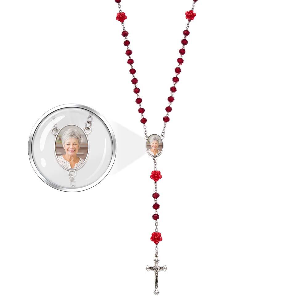 Custom Rosary Beads Cross Necklace Personalized Rose Crystal Necklace with Photo