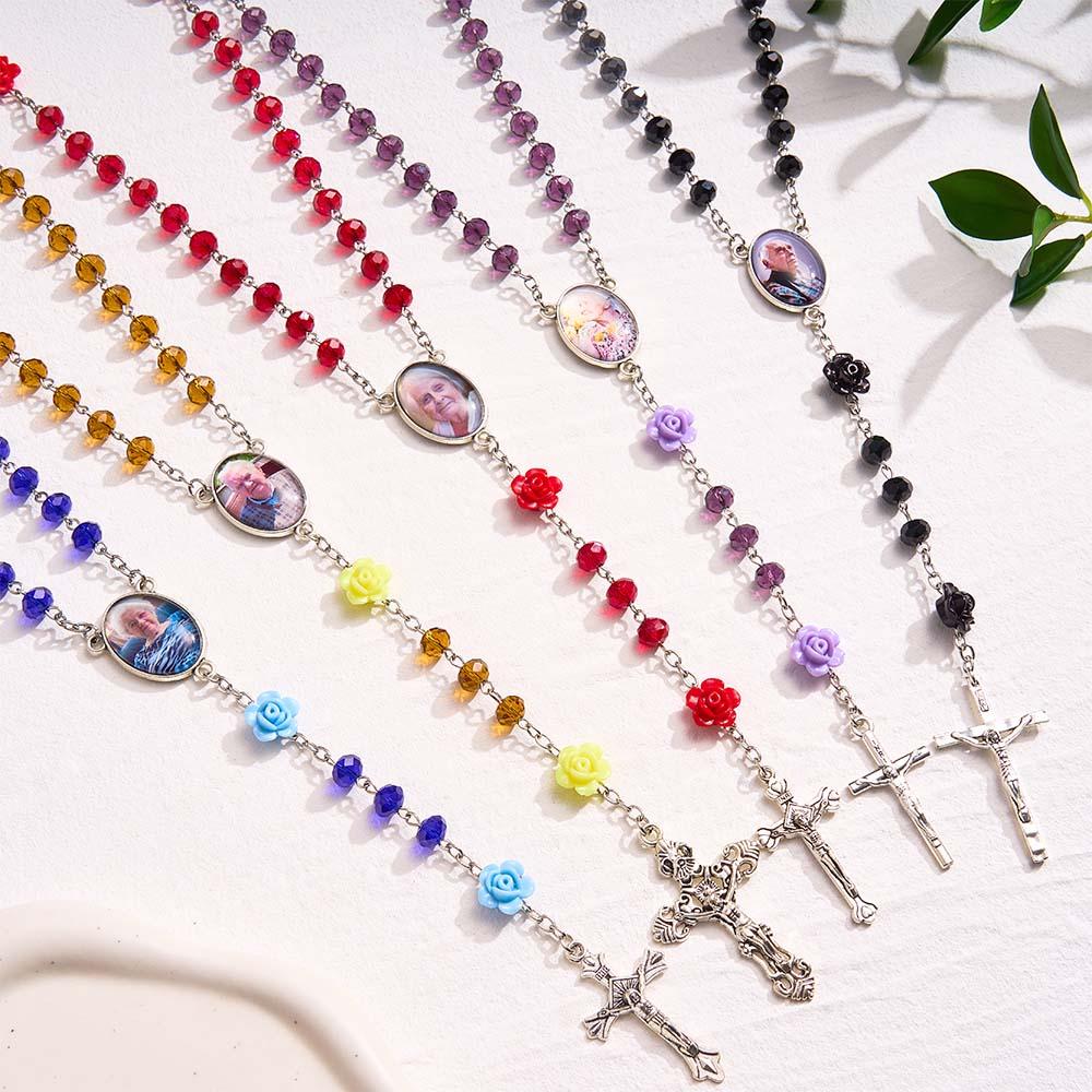 Custom Rosary Beads Cross Necklace Personalized Rose Crystal Necklace with Photo