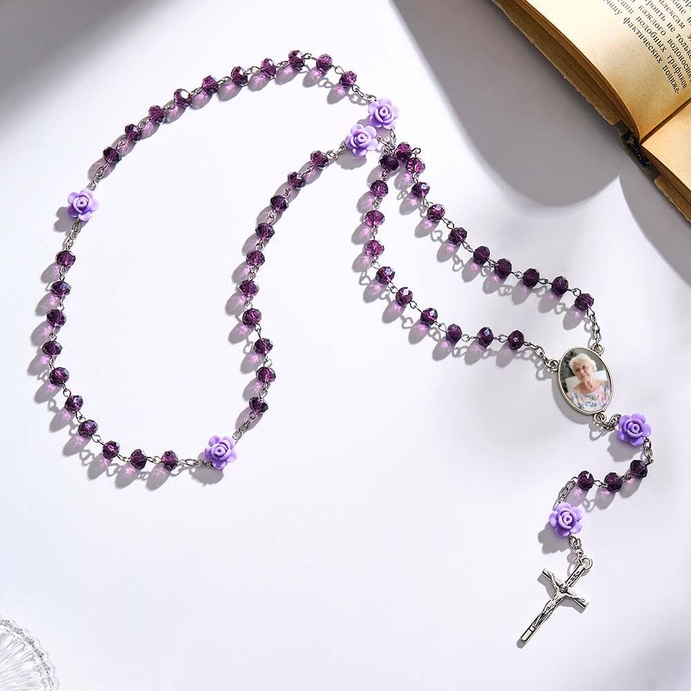 Custom Rosary Beads Cross Necklace Personalized Rose Crystal Necklace with Photo