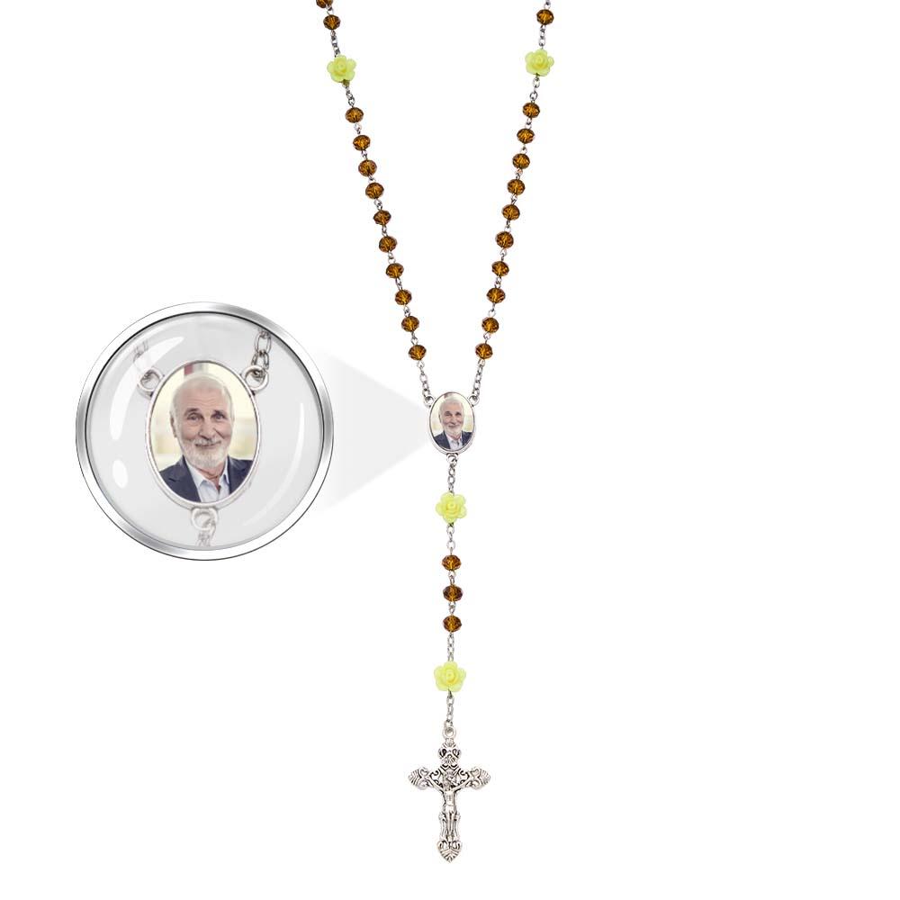 Custom Rosary Beads Cross Necklace Personalized Rose Crystal Necklace with Photo