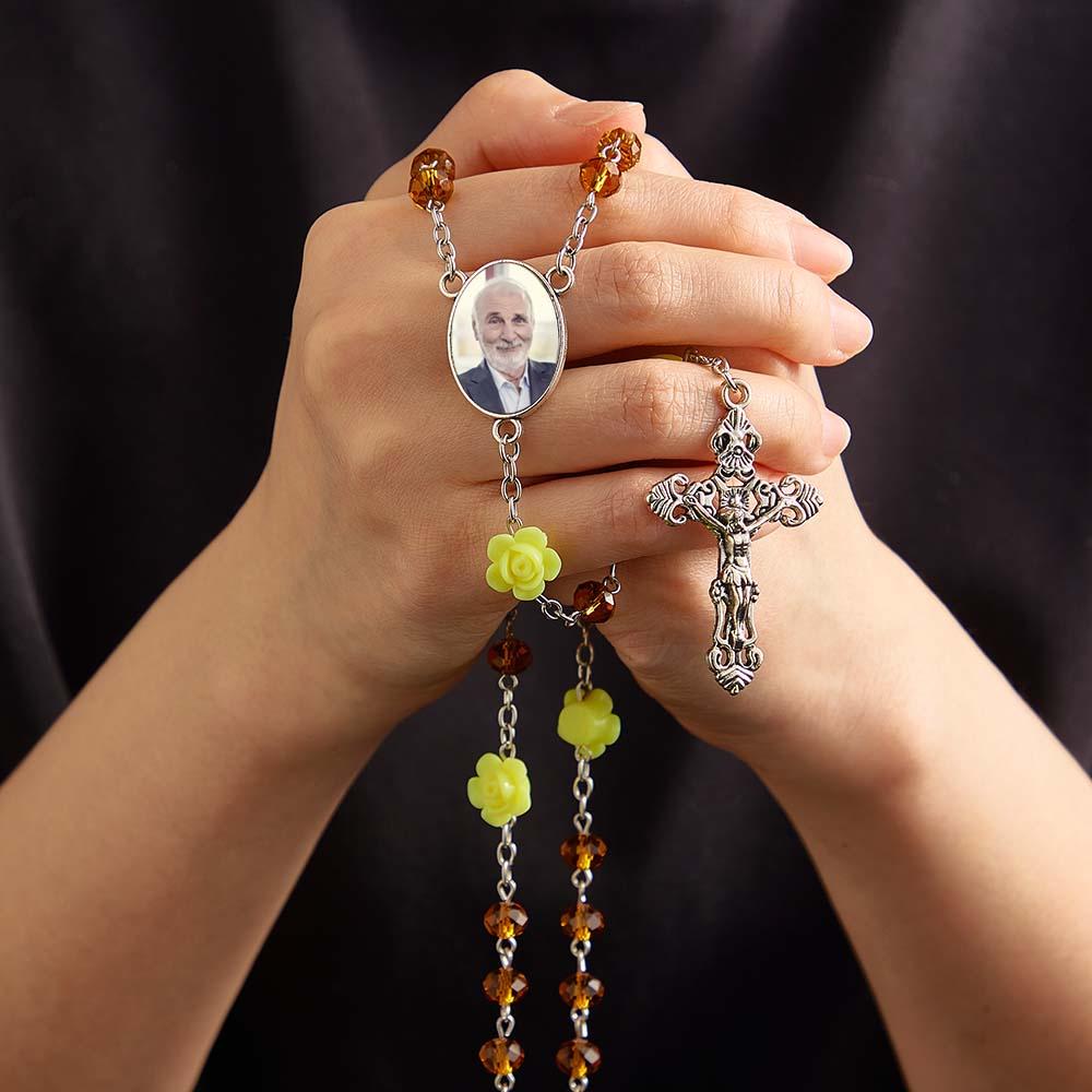 Custom Rosary Beads Cross Necklace Personalized Rose Crystal Necklace with Photo