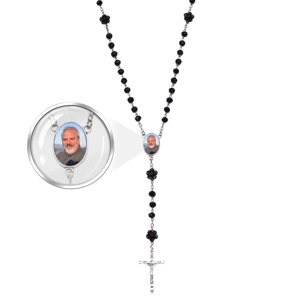 Custom Rosary Beads Cross Necklace Personalized Rose Crystal Necklace with Photo