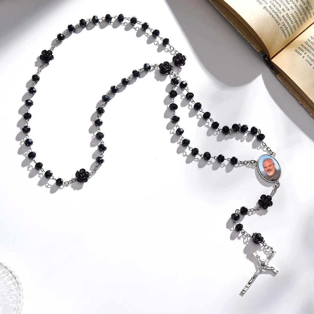 Custom Rosary Beads Cross Necklace Personalized Rose Crystal Necklace with Photo