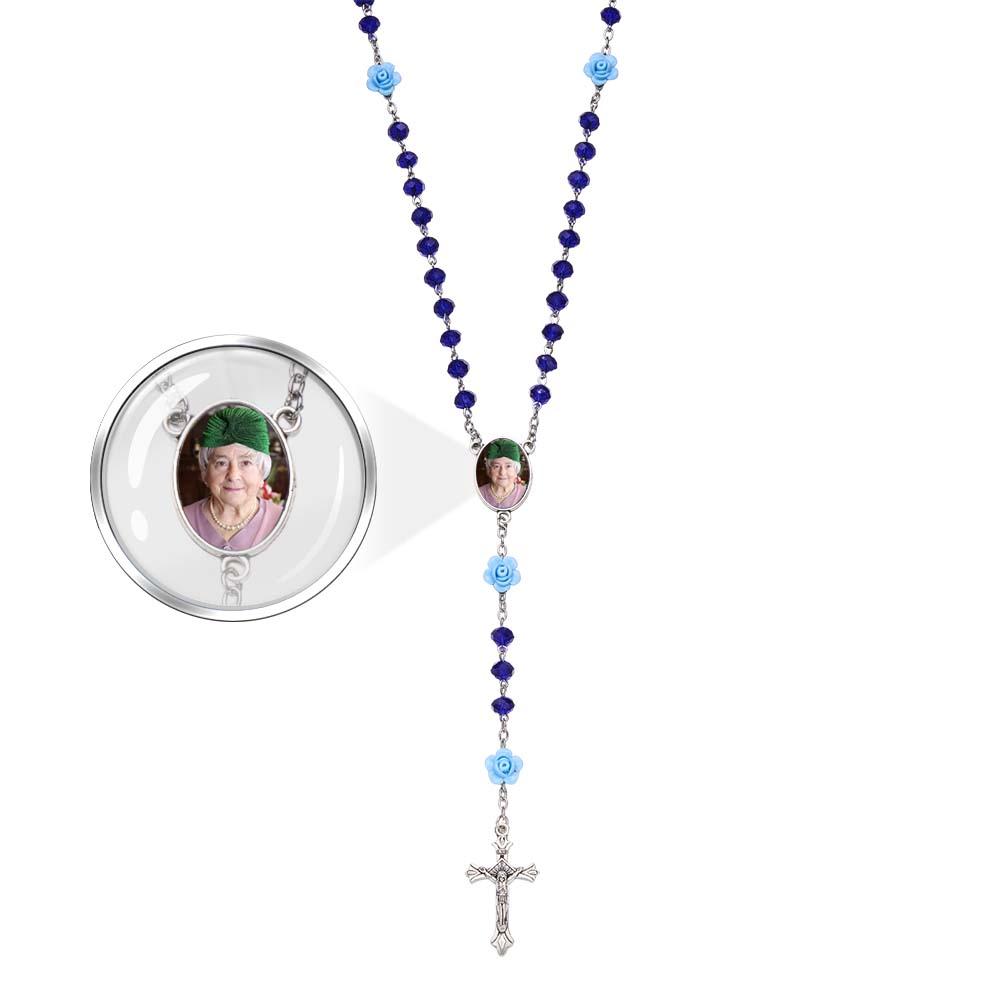 Custom Rosary Beads Cross Necklace Personalized Rose Crystal Necklace with Photo