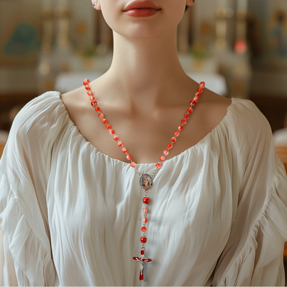 Custom Rosary Beads Cross Necklace Personalized Acrylic Explosion Beads Long Style Necklace with Photo