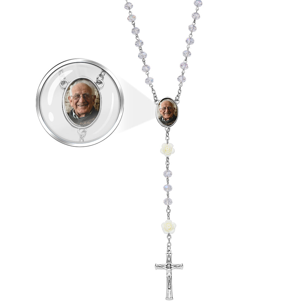 Custom Rosary Beads Cross Necklace Personalized Hip-Hop Style Multi-Color Crystal Necklace with Photo