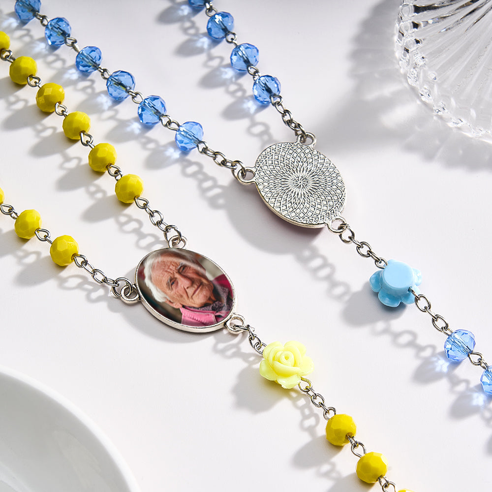 Custom Rosary Beads Cross Necklace Personalized Hip-Hop Style Multi-Color Crystal Necklace with Photo
