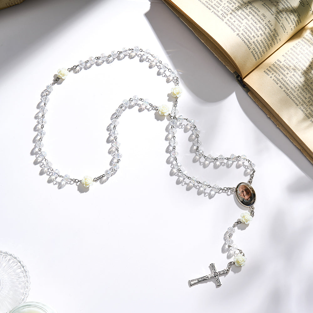Custom Rosary Beads Cross Necklace Personalized Hip-Hop Style Multi-Color Crystal Necklace with Photo