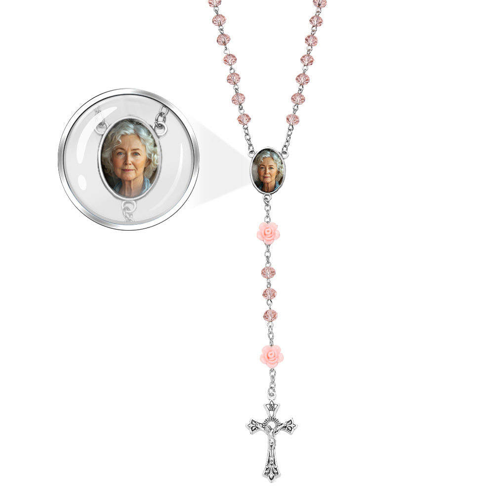 Custom Rosary Beads Cross Necklace Personalized Hip-Hop Style Multi-Color Crystal Necklace with Photo